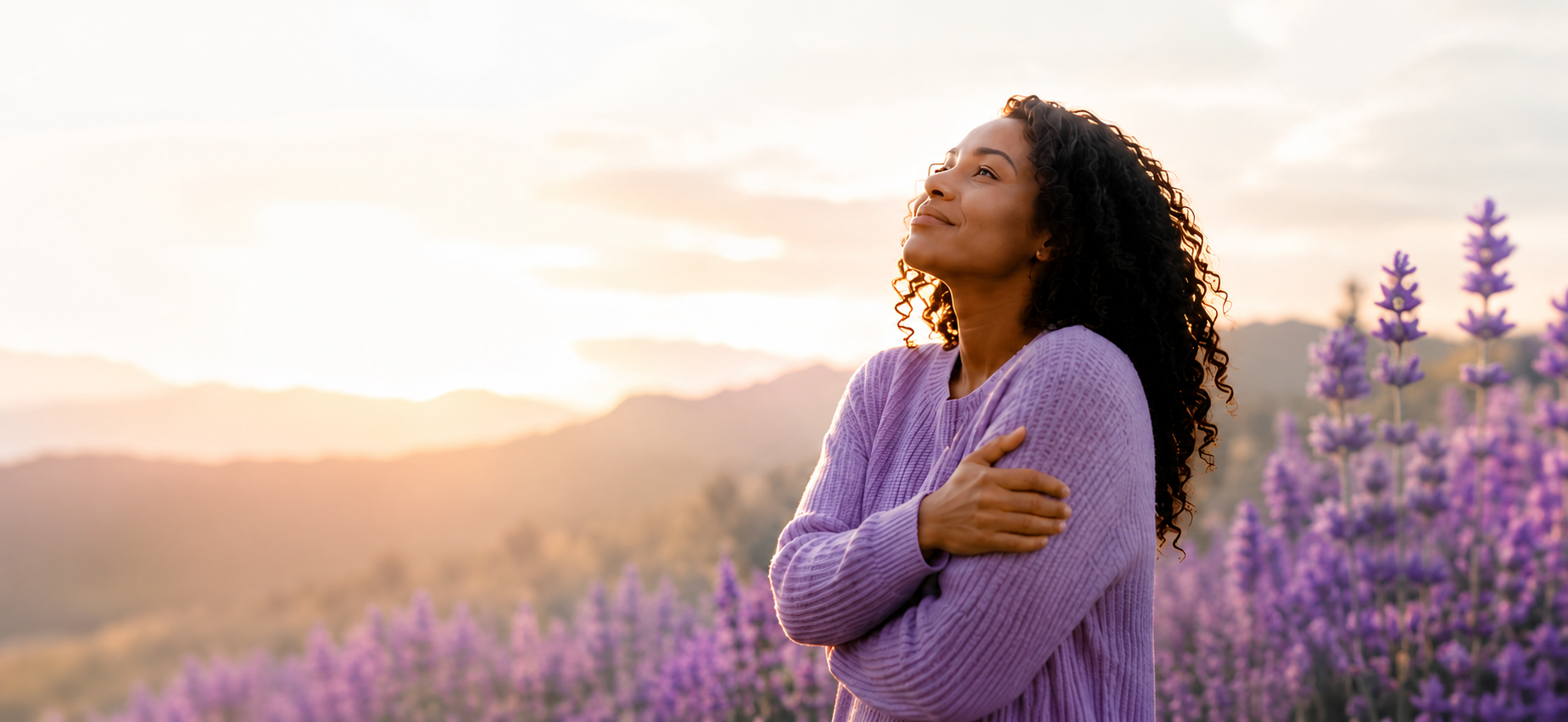 Woman embracing herself, looking up with hope
