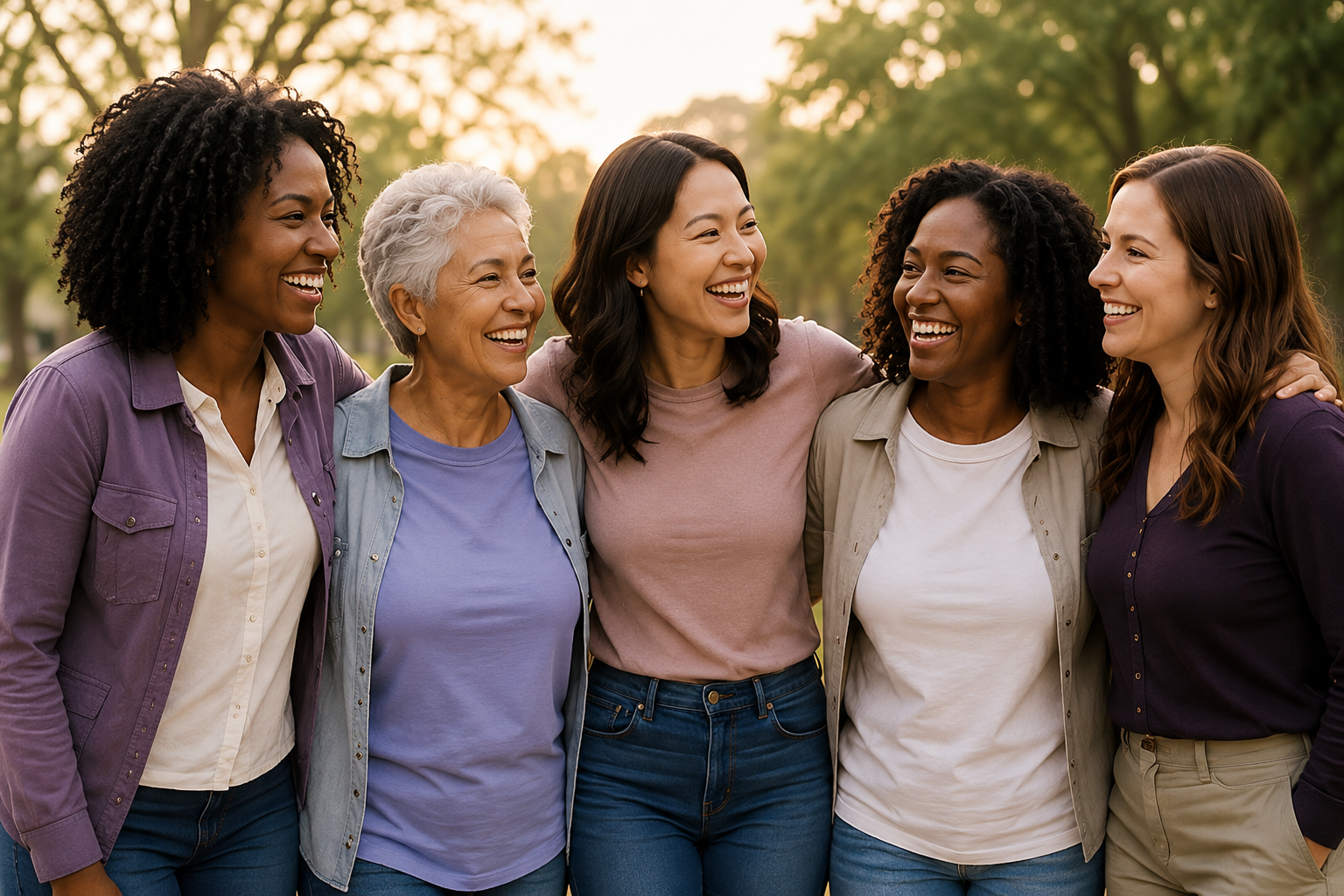 Five women of different ages and backgrounds smiling together outdoors