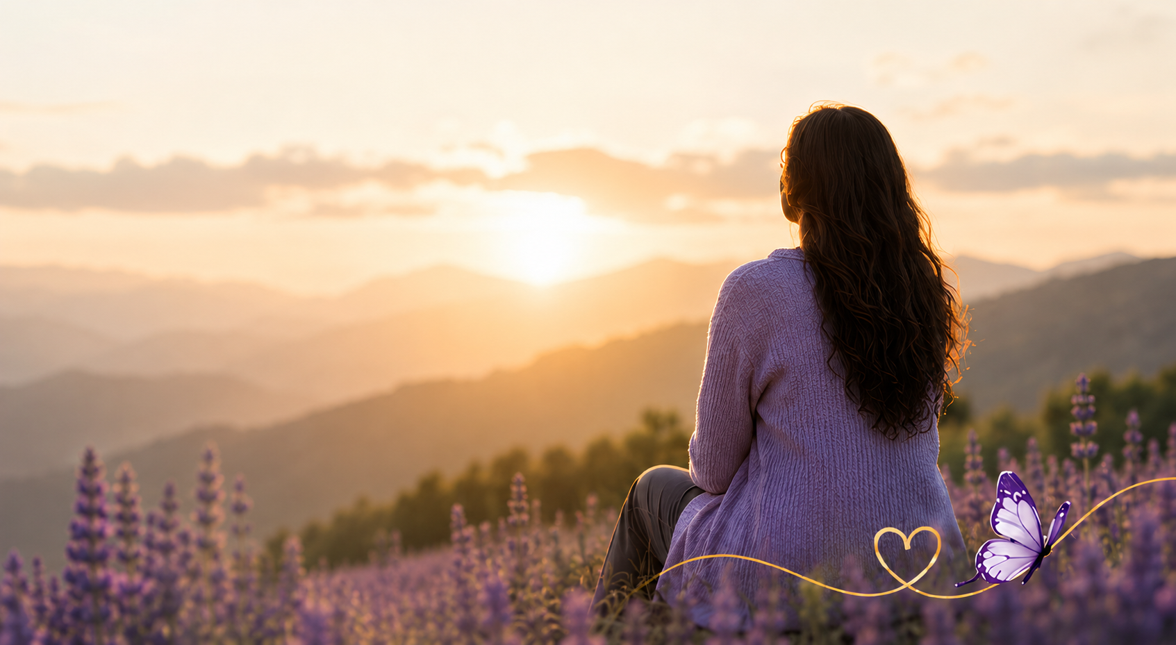 Woman sitting in a lavender field looking toward the sunset
