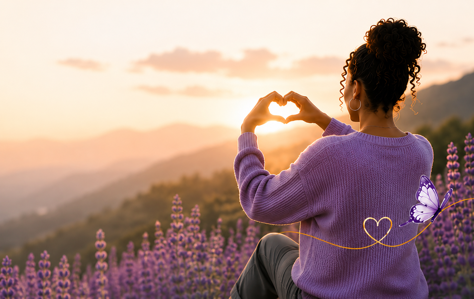 Woman making a heart shape with her hands in a lavender field at sunset