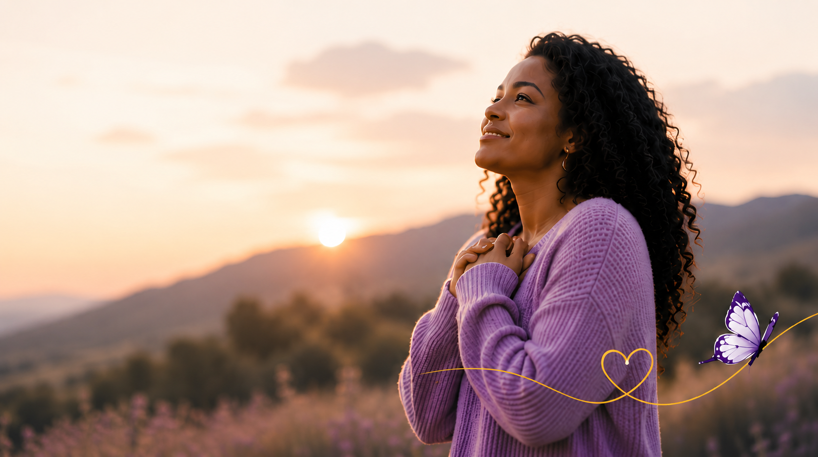 Woman making a heart shape with her hands in a lavender field at sunset