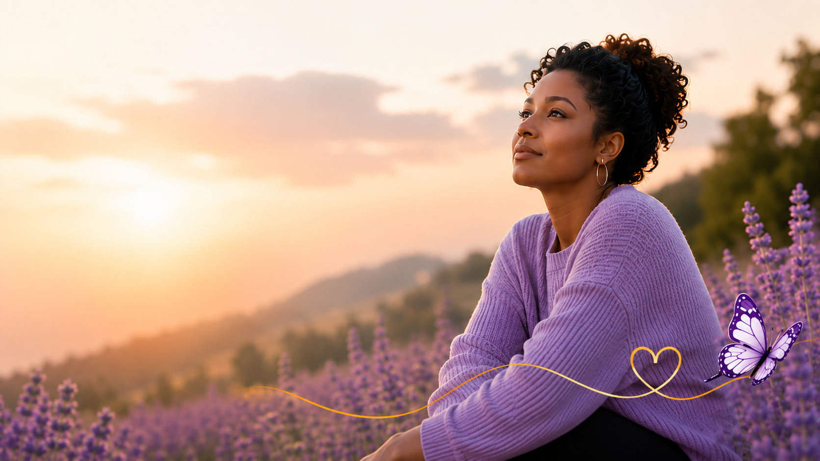Woman looking up hopefully in a lavender field